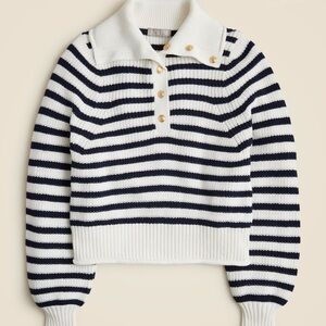 J. Crew Women's Navy and White Striped Cotton Button Collar Sweater